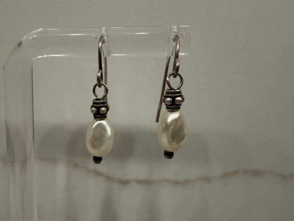 Ivory Pearl Teardrop Dangle Earrings Antiqued Silver Tone Boho Drop Jewelry
